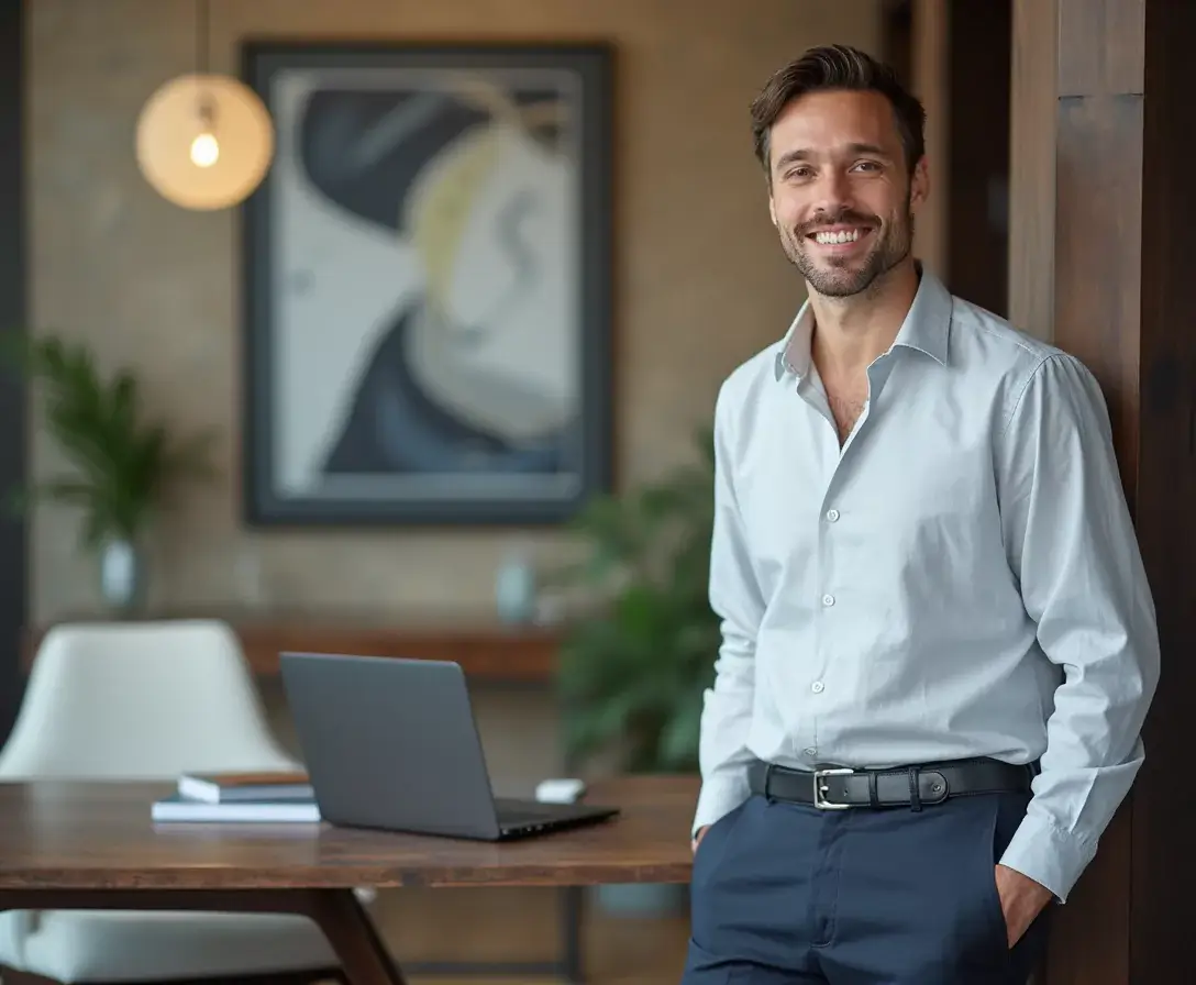 Confident real estate agent headshot with a modern background