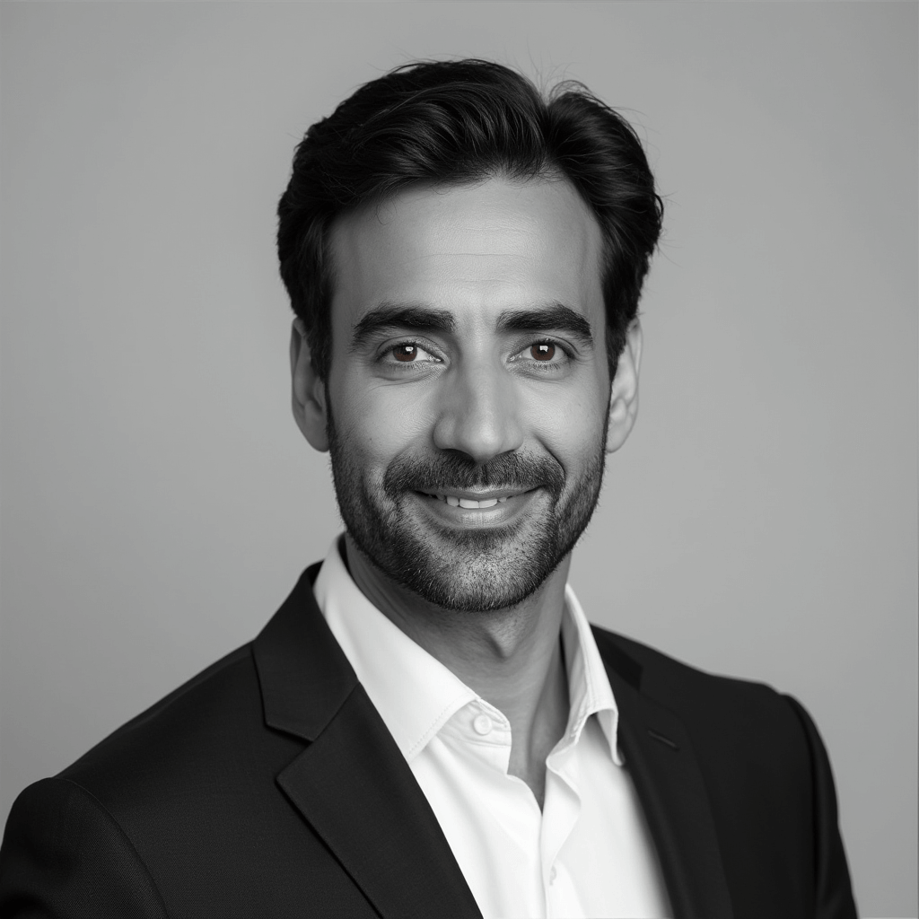 AI generated Black and White headshot of a smiling man in suit with grey background