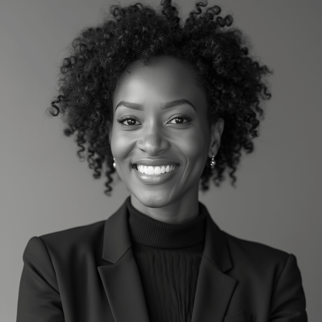 AI generated Black and White headshot of a black woman with curly hair against clean gray background