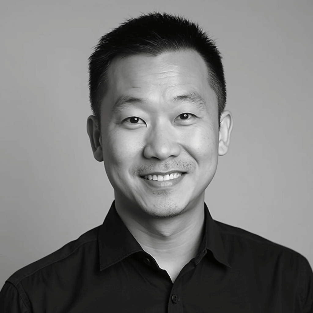 AI generated Black and White headshot of a man with short hair against neutral gray backdrop