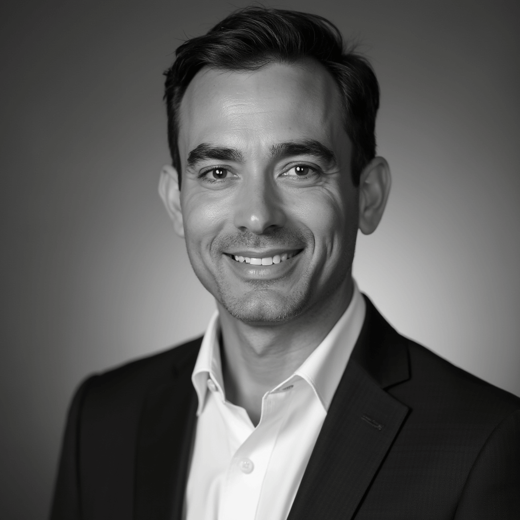 AI generated Black and White headshot of a male in business attire against subtle gradient background