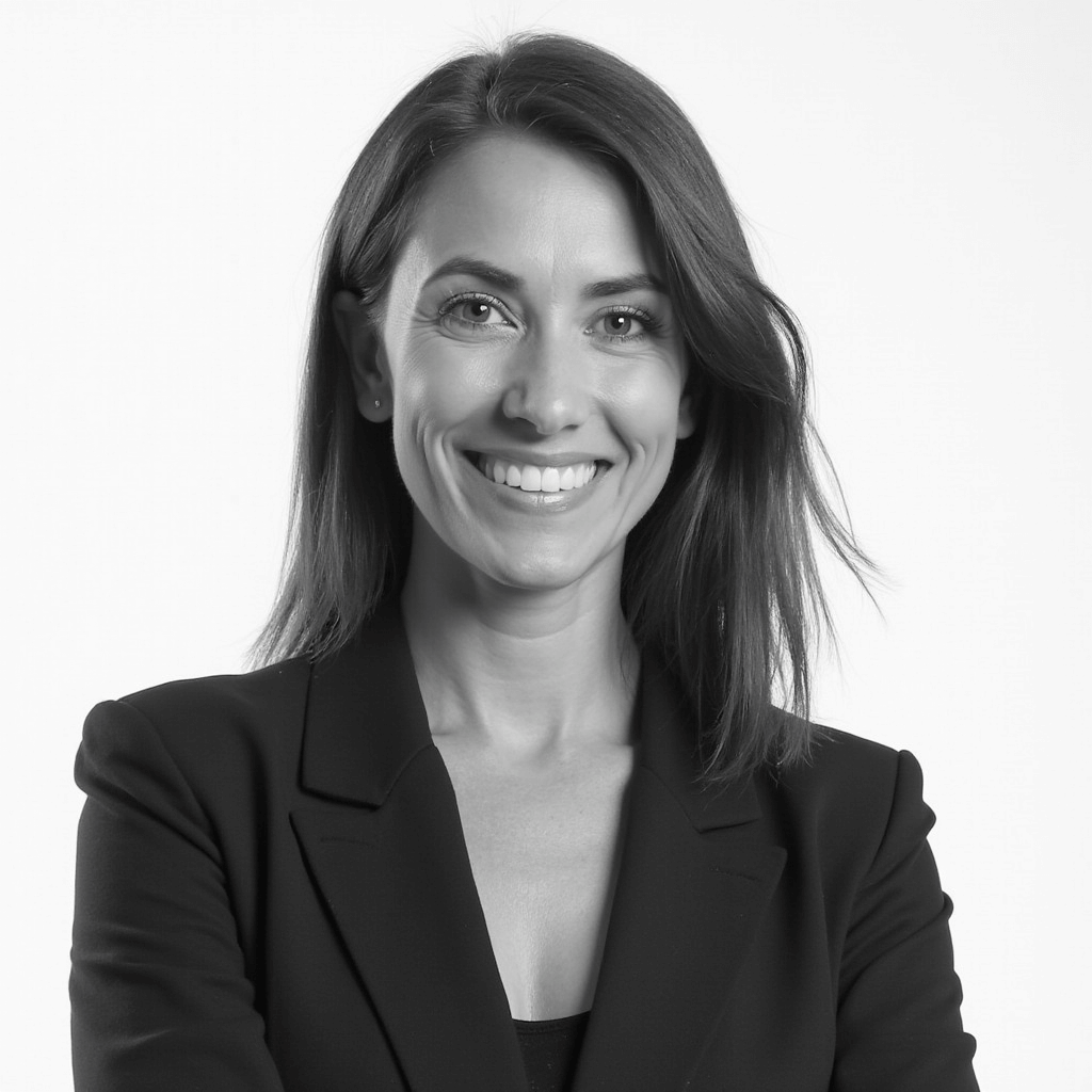 AI generated Black and White headshot of a woman in black blazer on white background