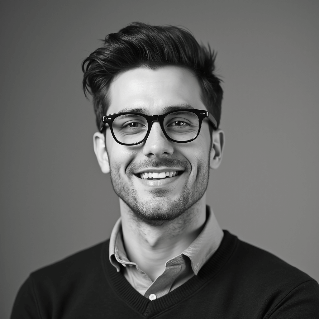 AI generated Black and White headshot of a male with glasses against a soft gray background