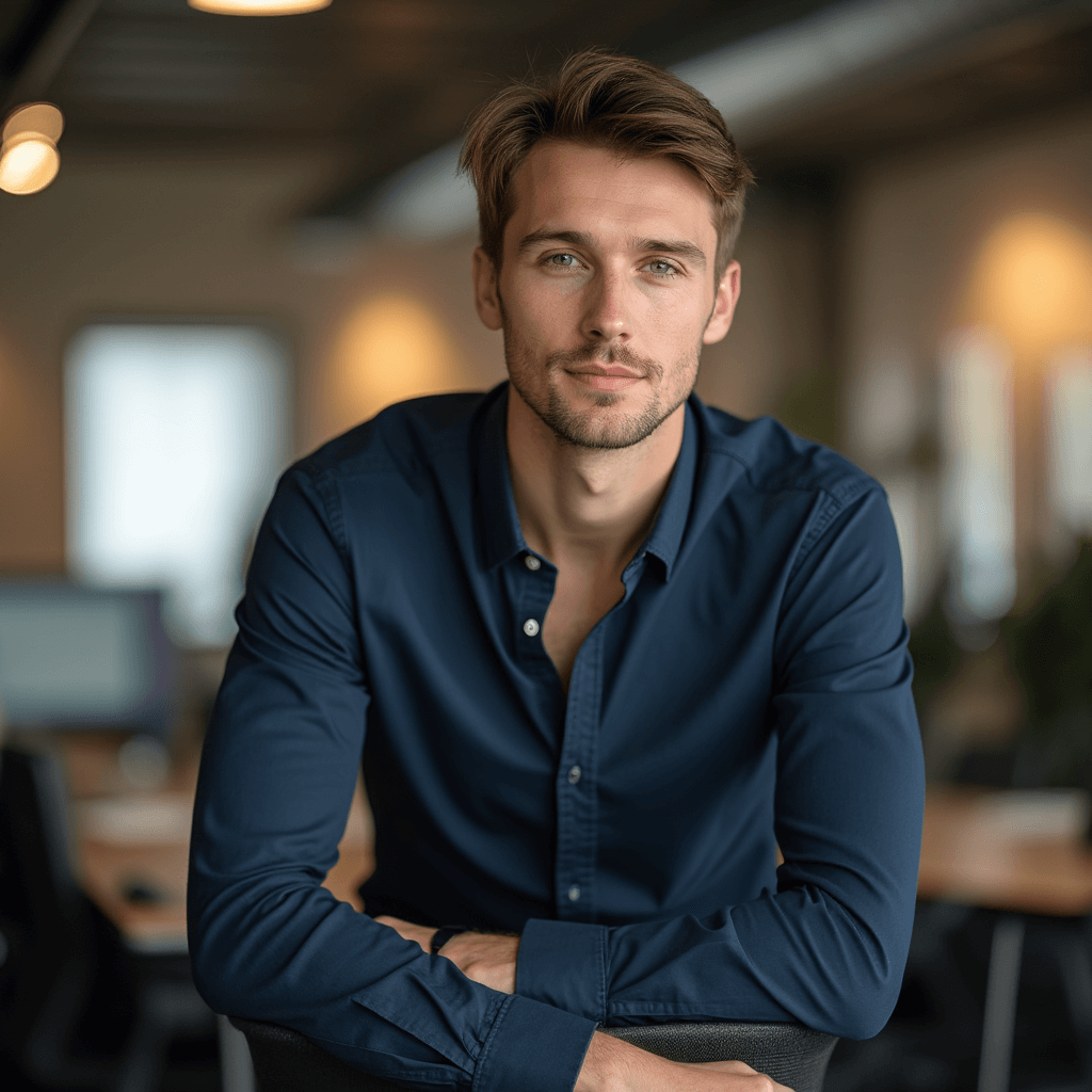 AI generated casual office headshot of a man sitting at wooden desk with blur office background