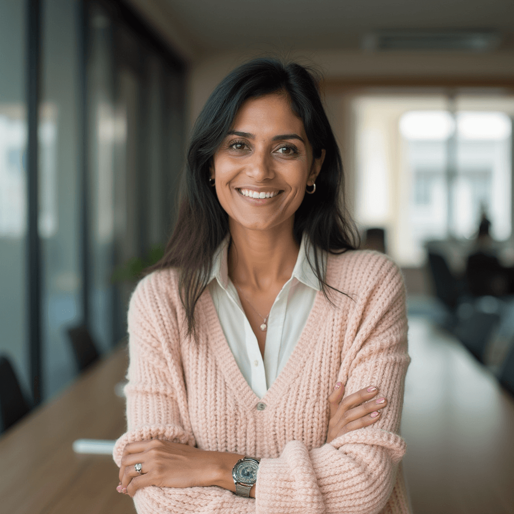 AI generated casual office headshot of an woman in modern office with large windows