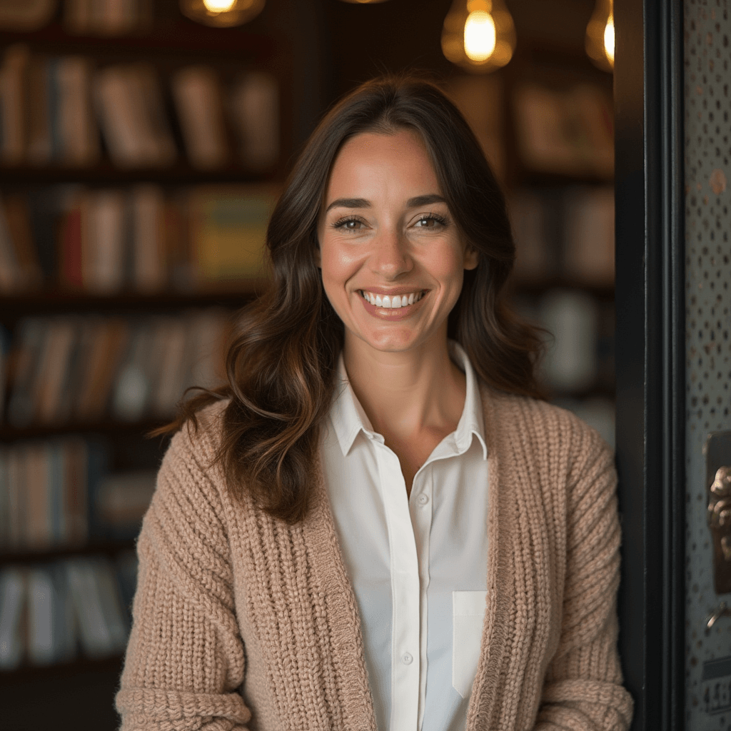 AI generated casual office headshot of a female with bookshelves background