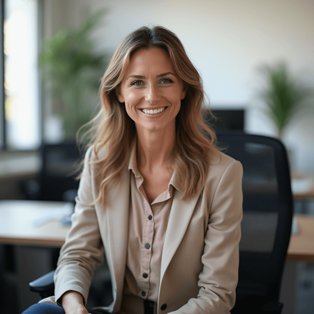 AI generated casual office headshot of a female in bright office setting with plants in background