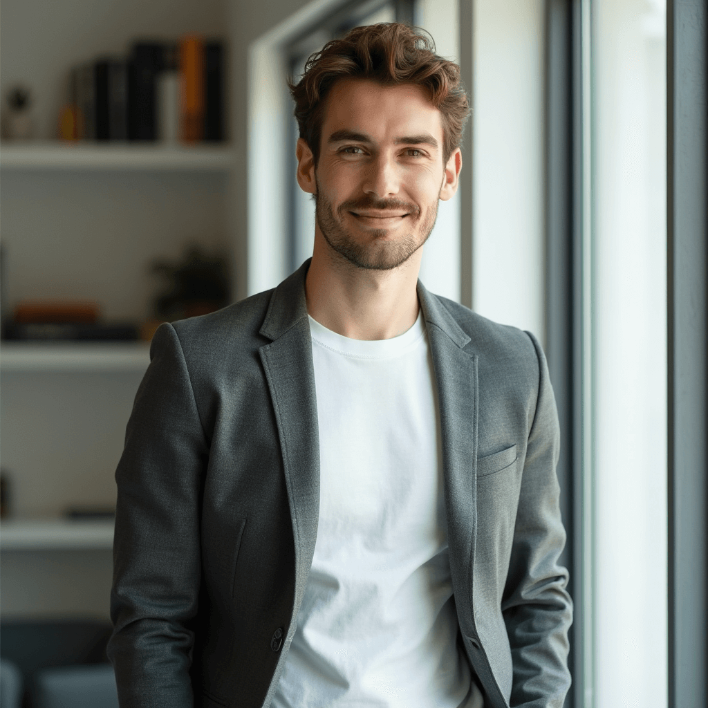 AI generated casual office headshot of a man standing by window in bright office setting