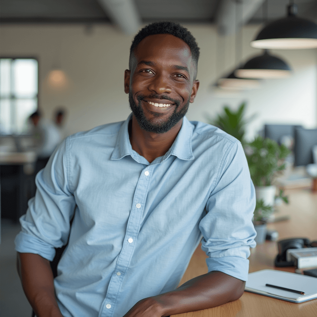 AI generated casual office headshot of a black man in modern office setting