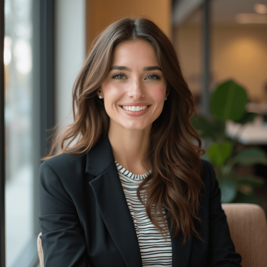 AI generated casual office headshot of an woman in plant filled office space with natural light