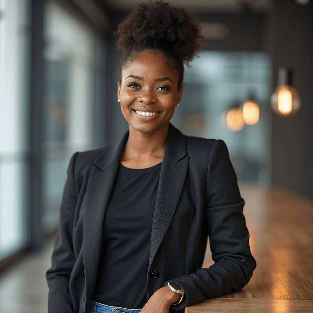 AI generated casual office headshot of a brown woman in bright workspace with pendant lighting