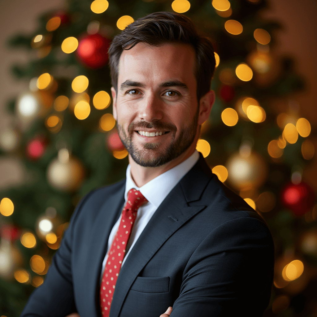 AI generated Christmas Office headshot of a man standing in front of christmas tree with warm lighting