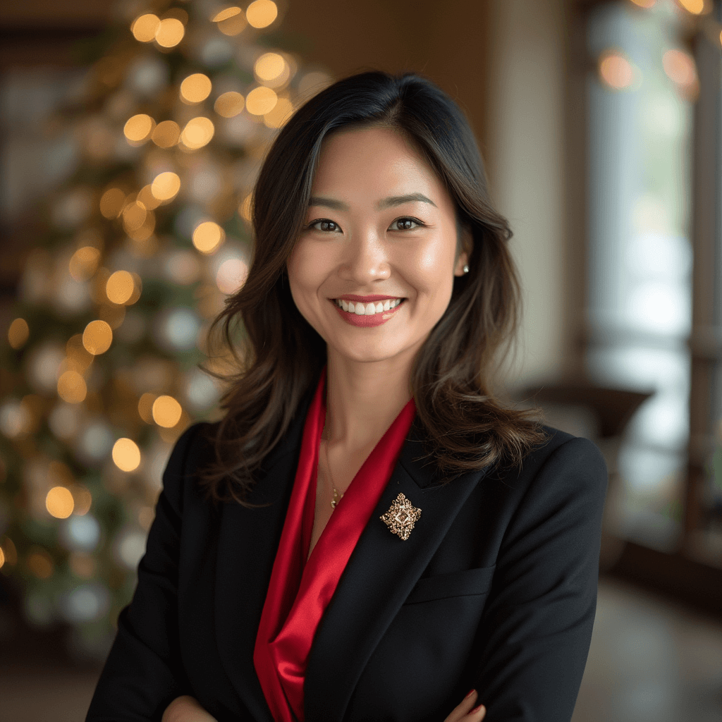 AI generated christmas office headshot of a woman with decorated christmas tree and warm ambient light