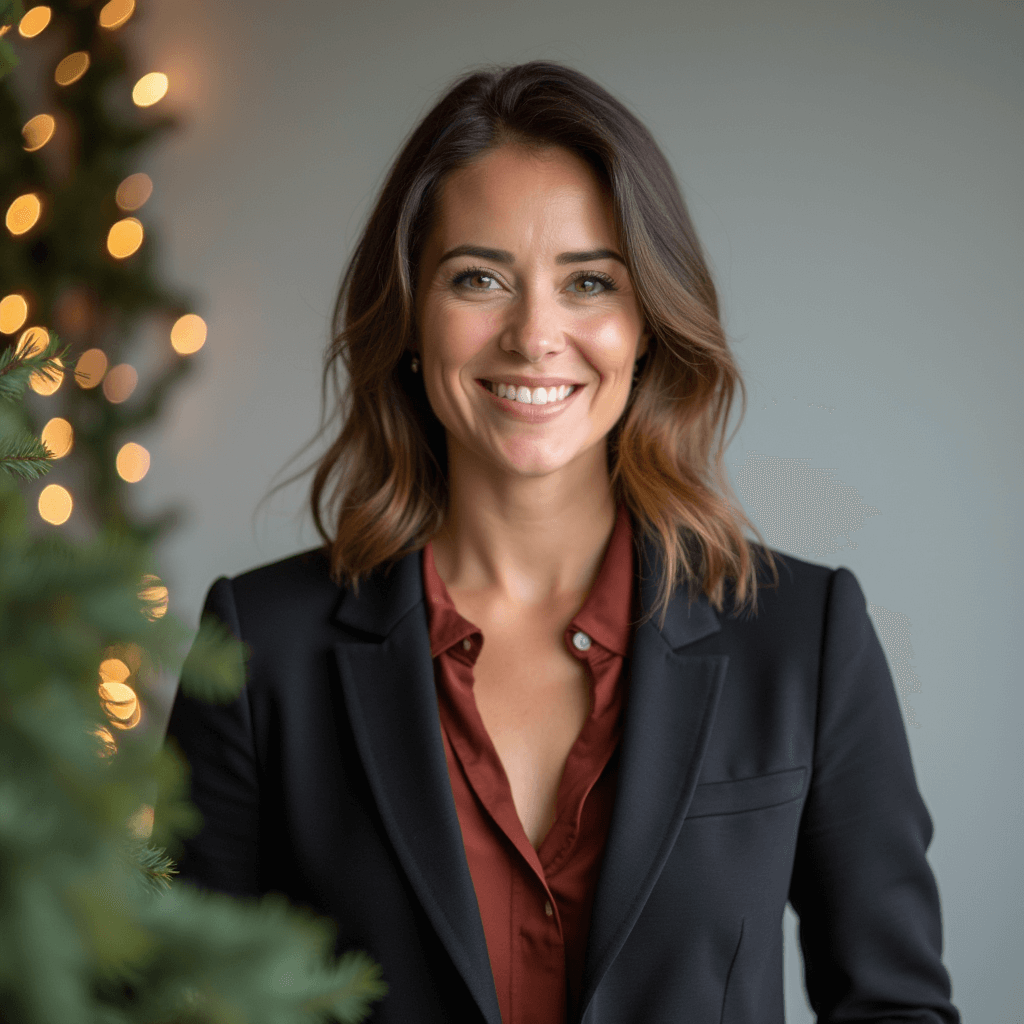 AI generated Christmas Office headshot of a woman with decorated christmas tree background