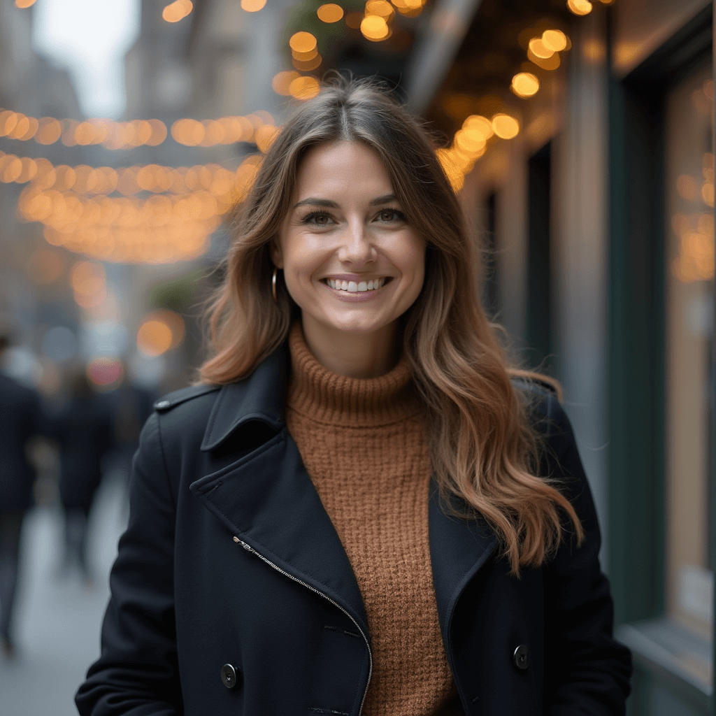 AI generated Christmas Office headshot of a woman standing on street decorated with holiday lights