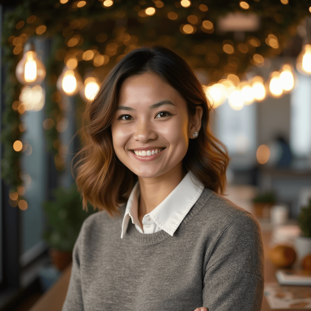 AI generated christmas office headshot of a woman with holiday lights in background