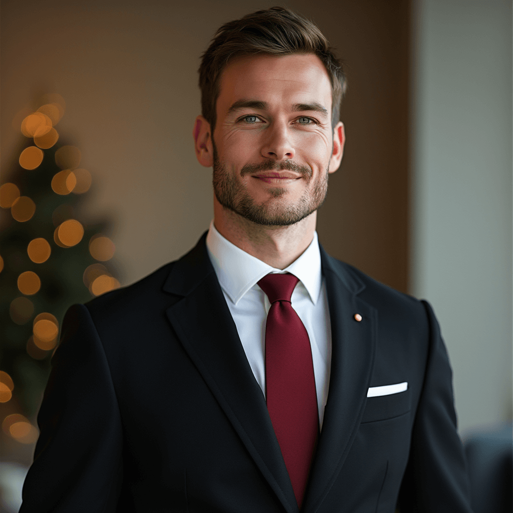 AI generated christmas office headshot of a man in business attire standing in warmly lit room