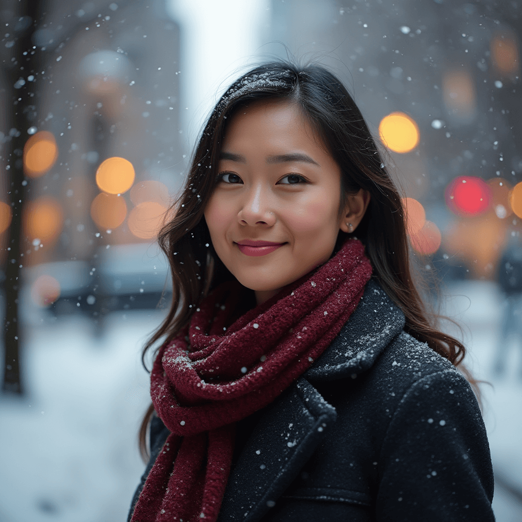 AI generated christmas office headshot of a woman with snowfall in background