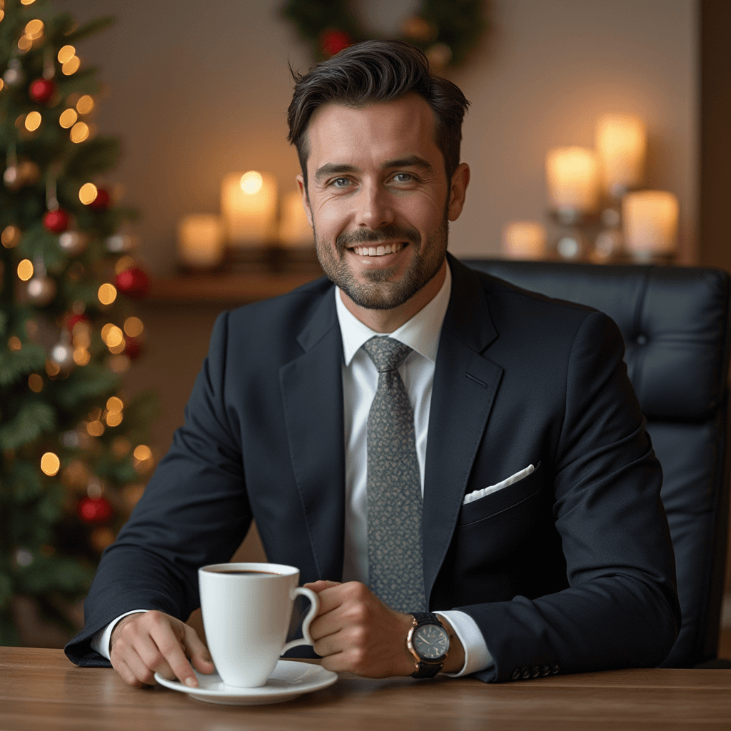 AI generated christmas office headshot of a man wearing suit with decorated christmas tree in background