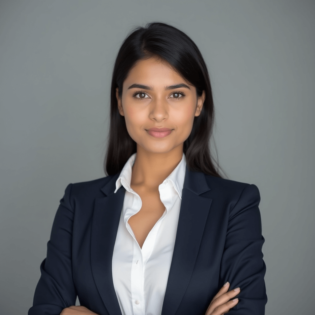 AI generated corporate headshot of a woman in a navy blazer