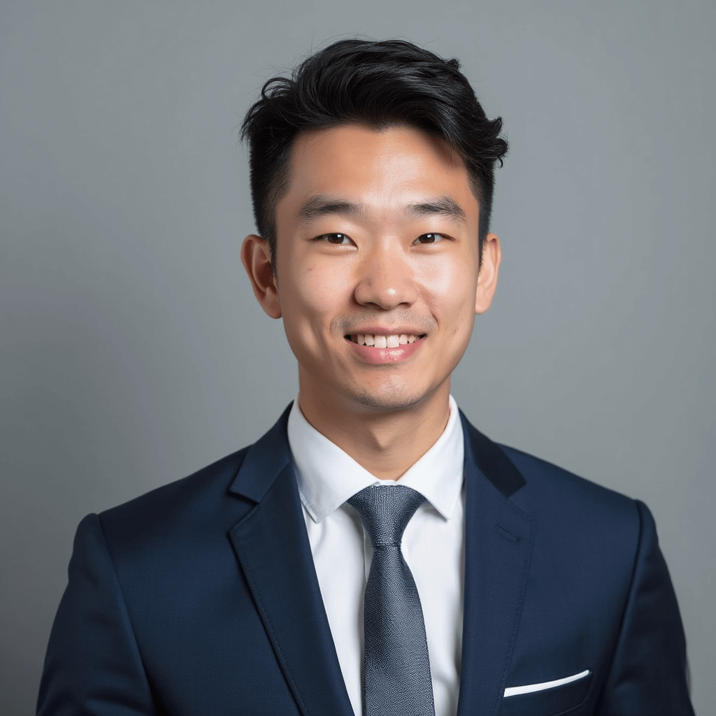 AI generated corporate headshot of a young man in navy suit