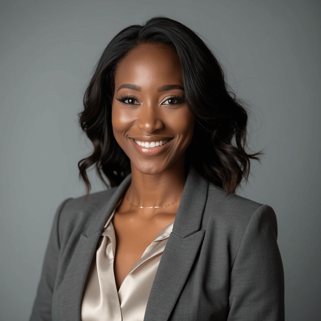 AI generated corporate headshot of a black woman in grey blazer