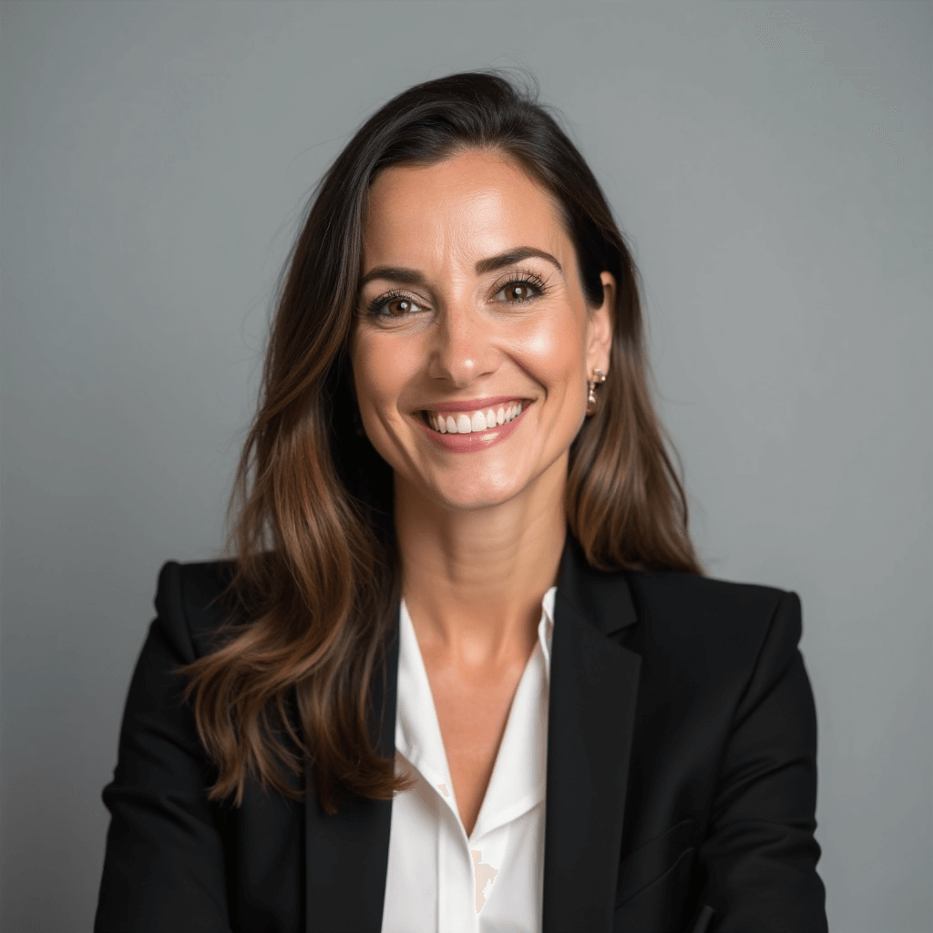 AI generated corporate headshot of a female with grey background