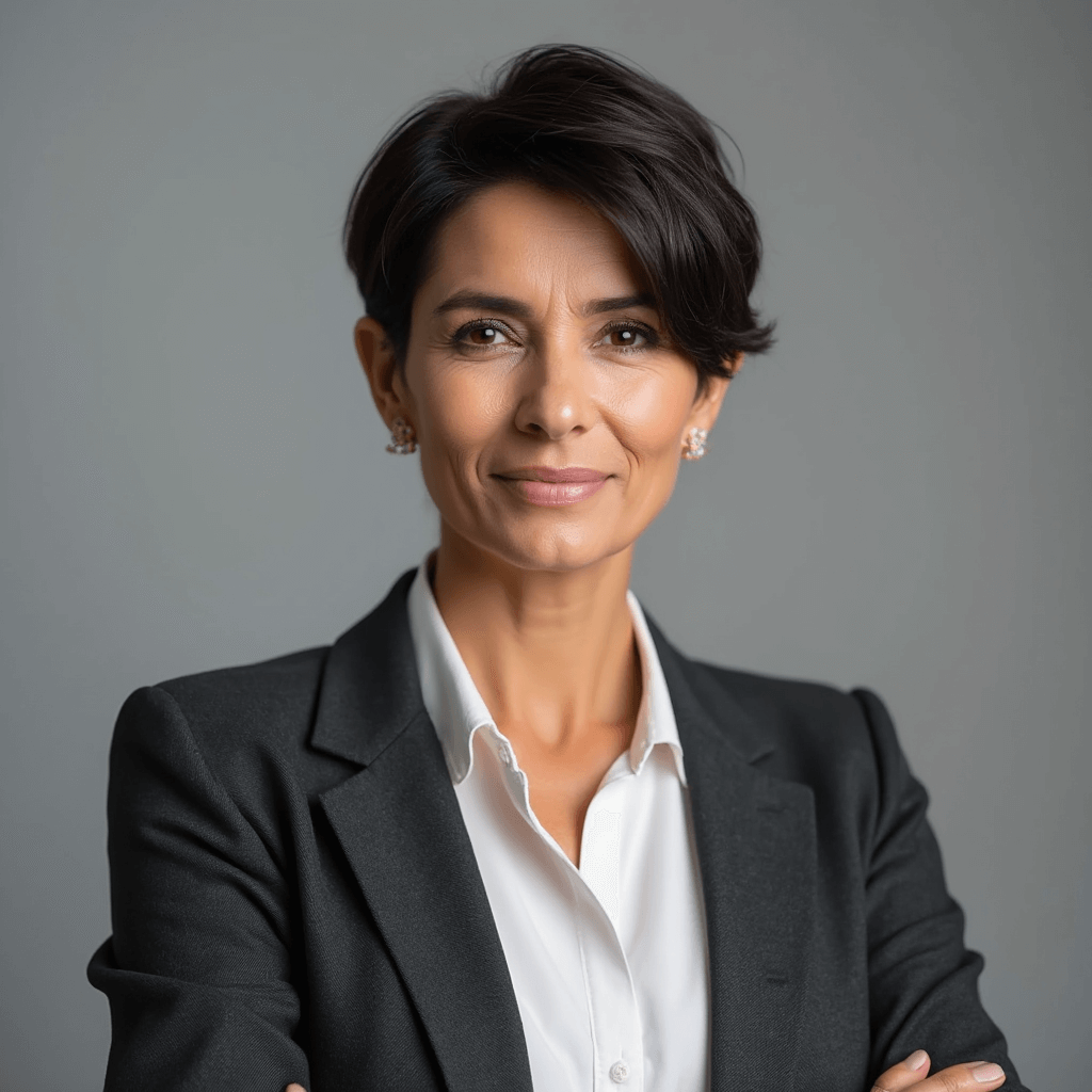 AI generated corporate headshot of a female with short hair in black blazer