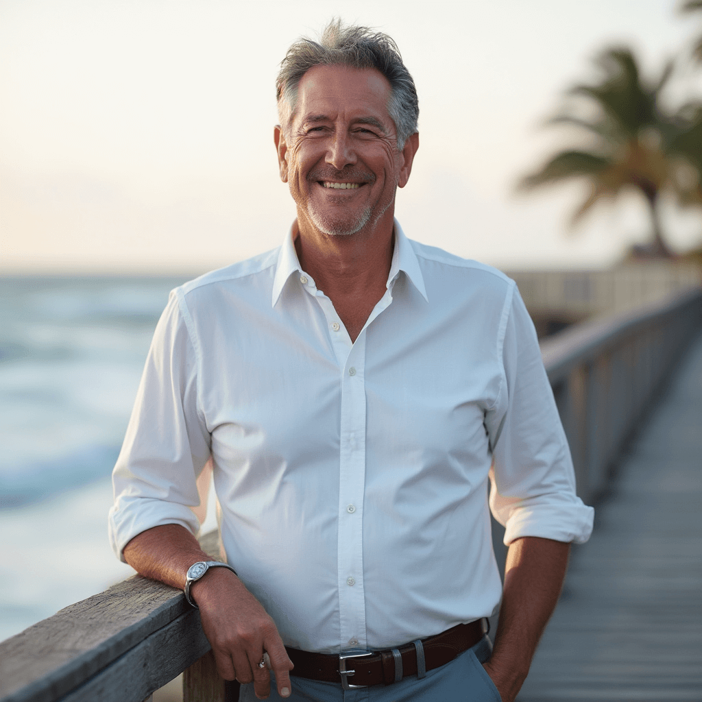 AI generated outdoor headshot of a man leaning on railing with waterfront background