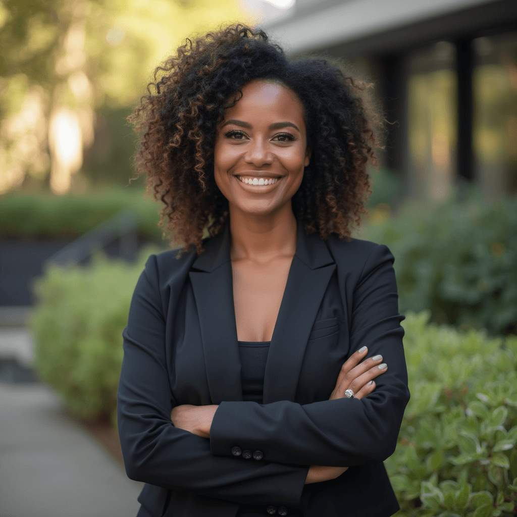 AI generated outdoor headshot of a brown woman with greenery in background