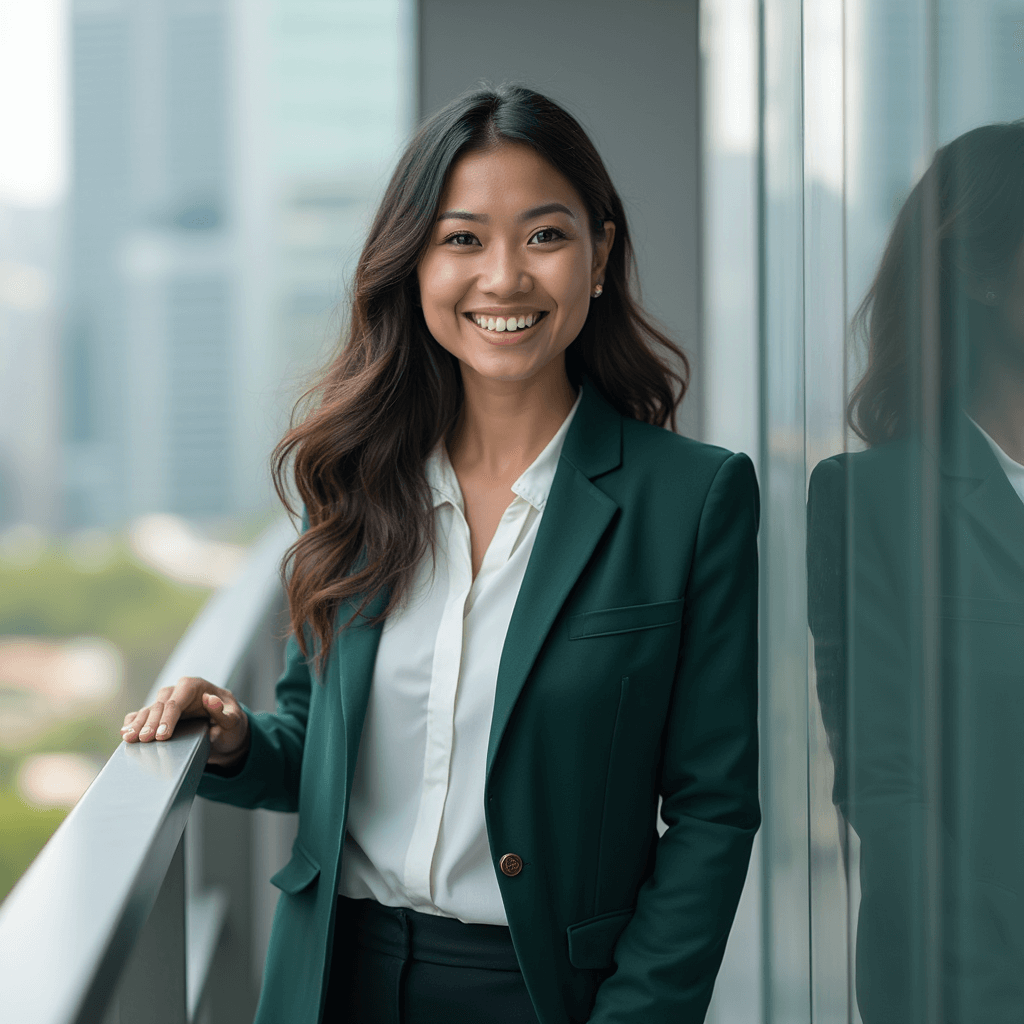 AI generated outdoor headshot of a woman standing near glass building in natural light