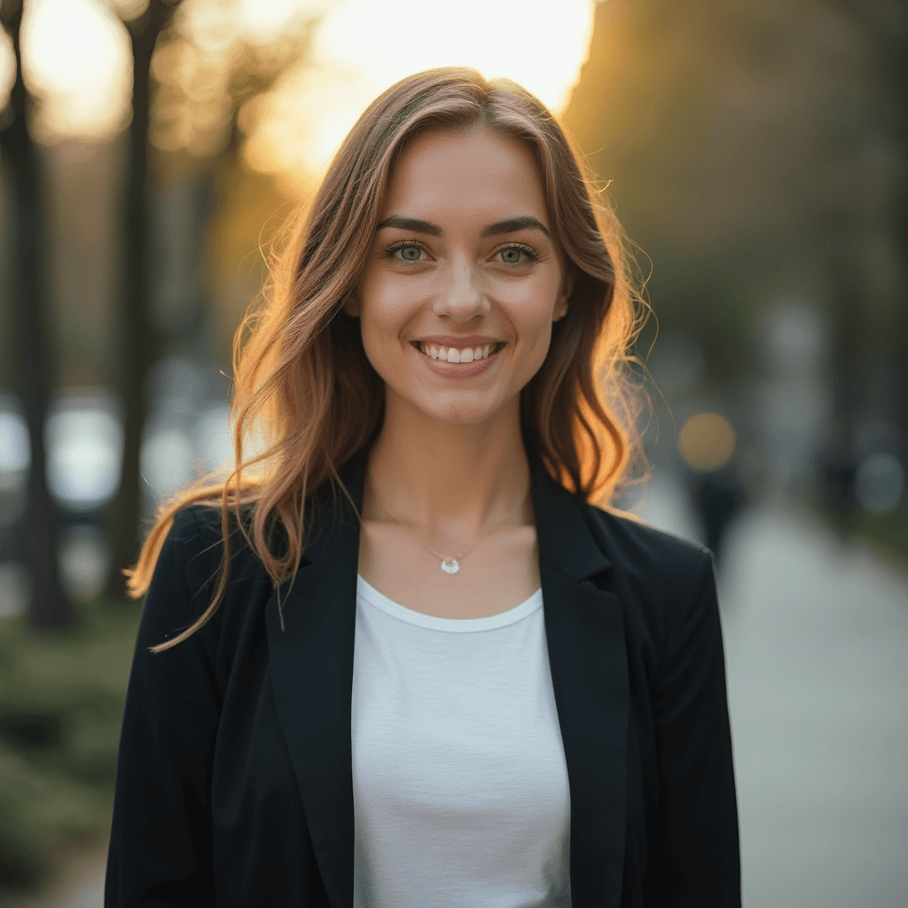 AI generated outdoor headshot of a woman with sunlit trees and soft blur background