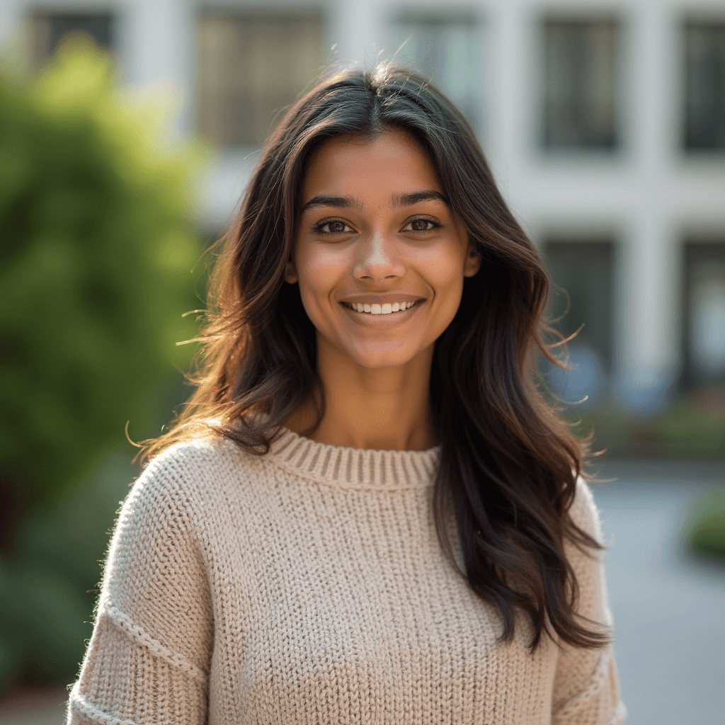 AI generated outdoor headshot of a female with plants and blur building background