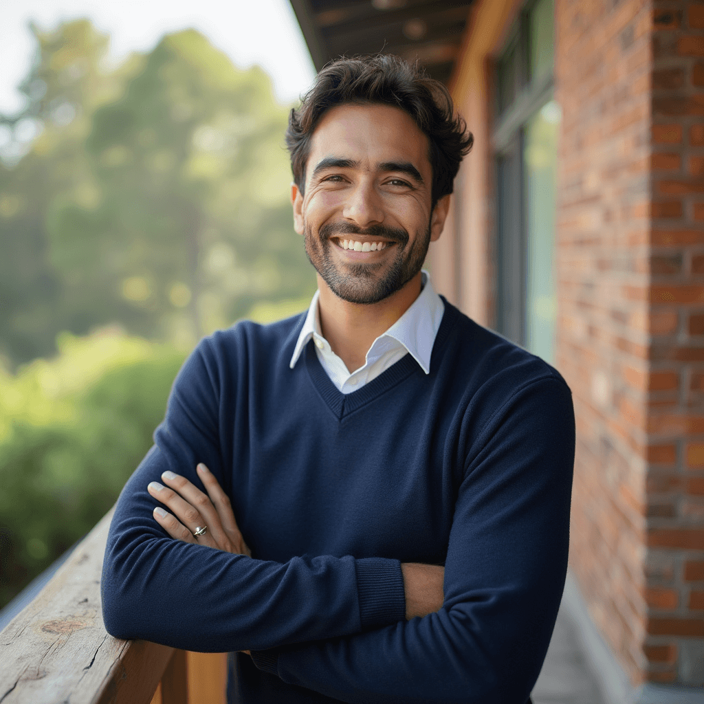 AI generated outdoor headshot of a man with brick walls and greenery in background