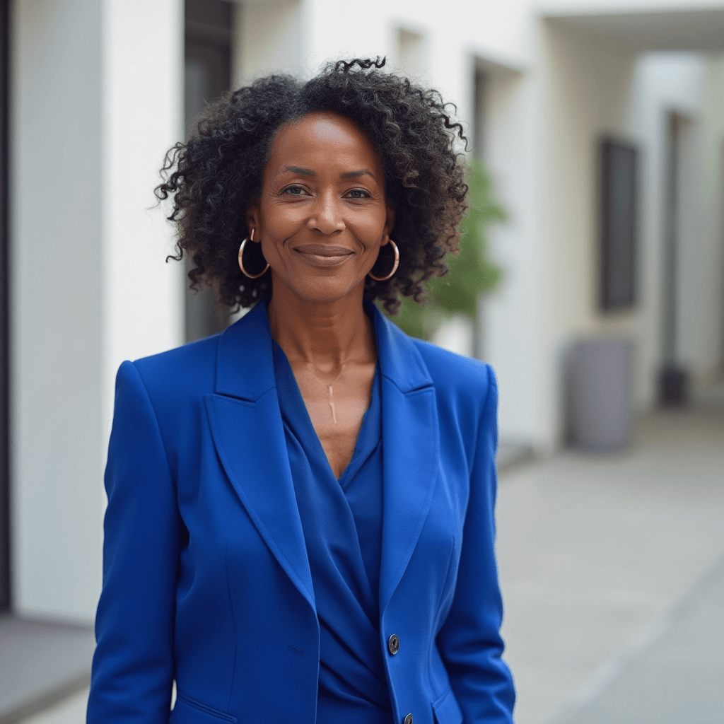 AI generated outdoor headshot of a brown woman with modern office background