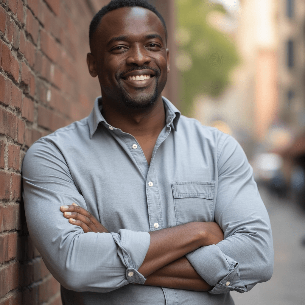 AI generated outdoor headshot of a black man standing near brick wall